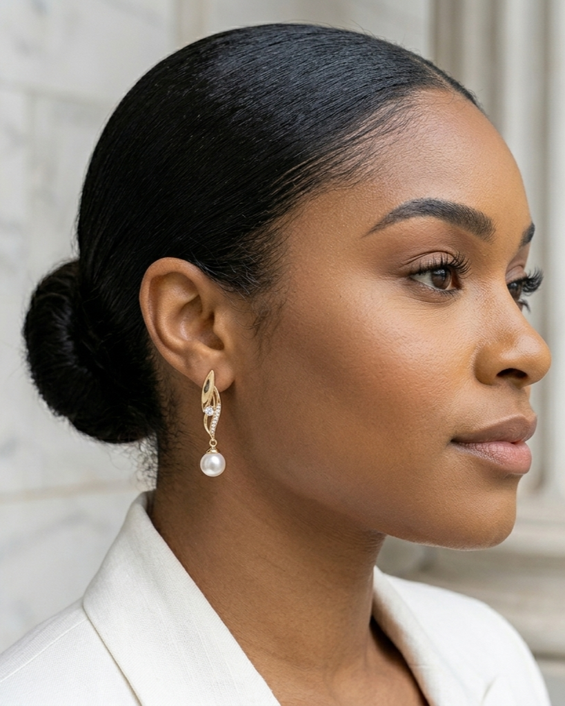 Woman with styled hair wearing earrings in a neutral setting
