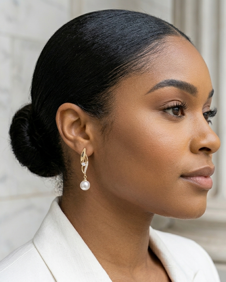 Woman with styled hair wearing earrings in a neutral setting