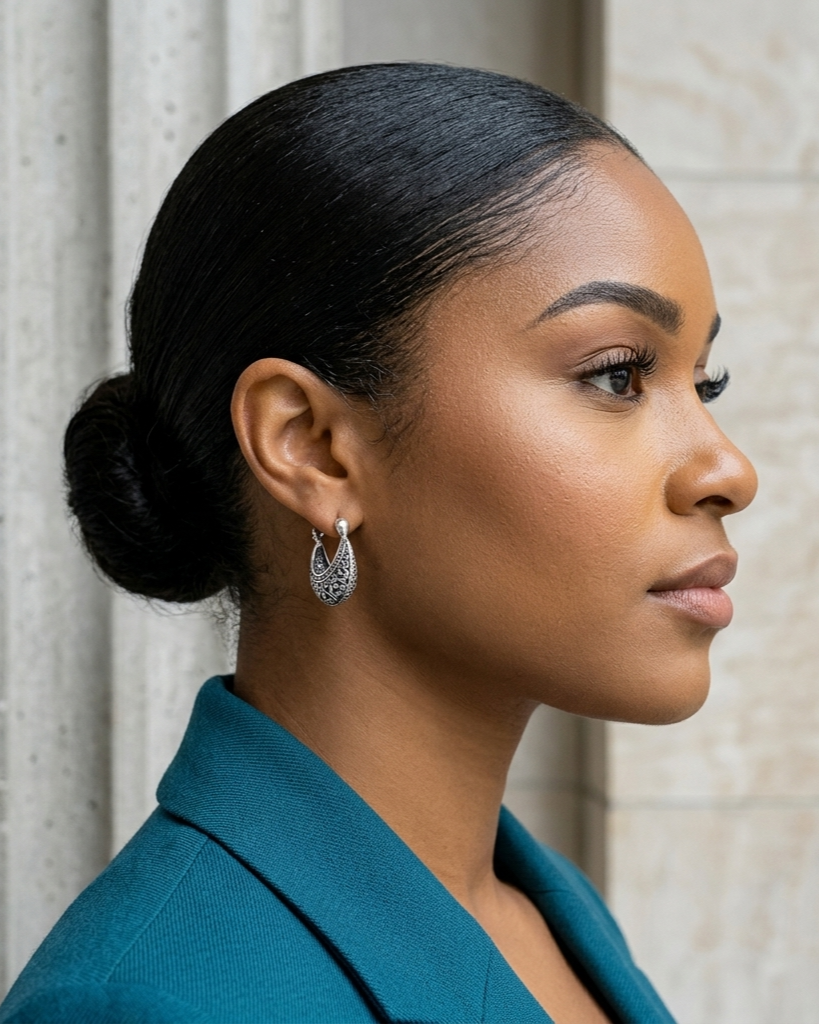 Woman with styled hair wearing earrings against a neutral background