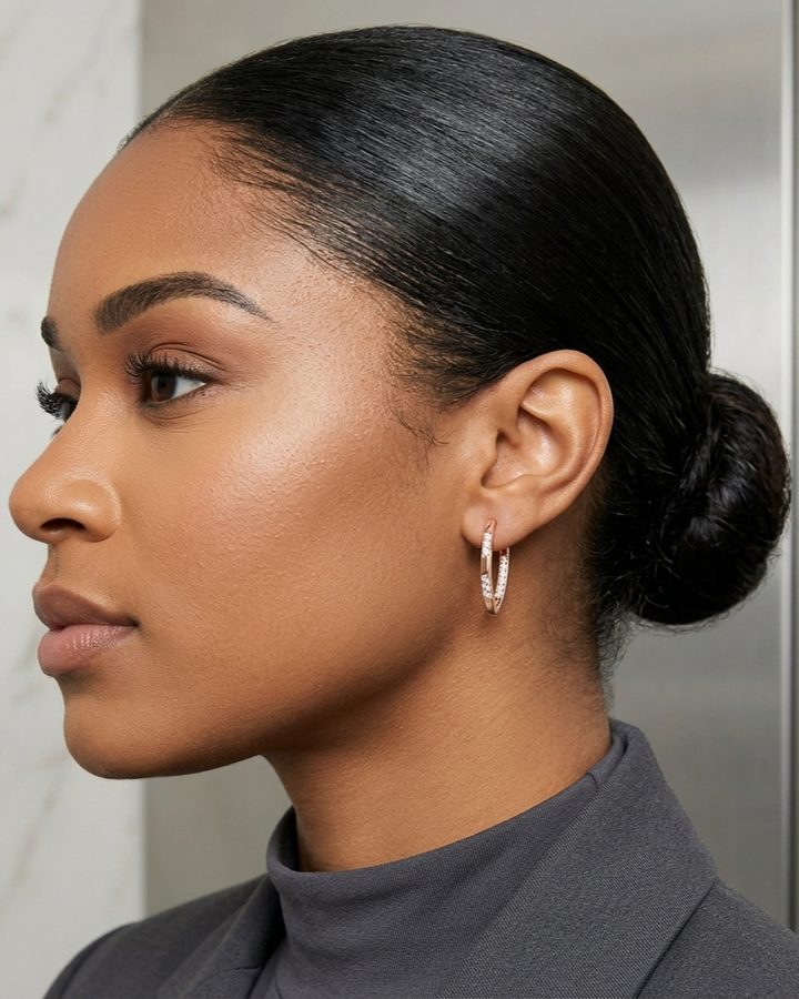 Woman with styled hair and earrings in a neutral setting