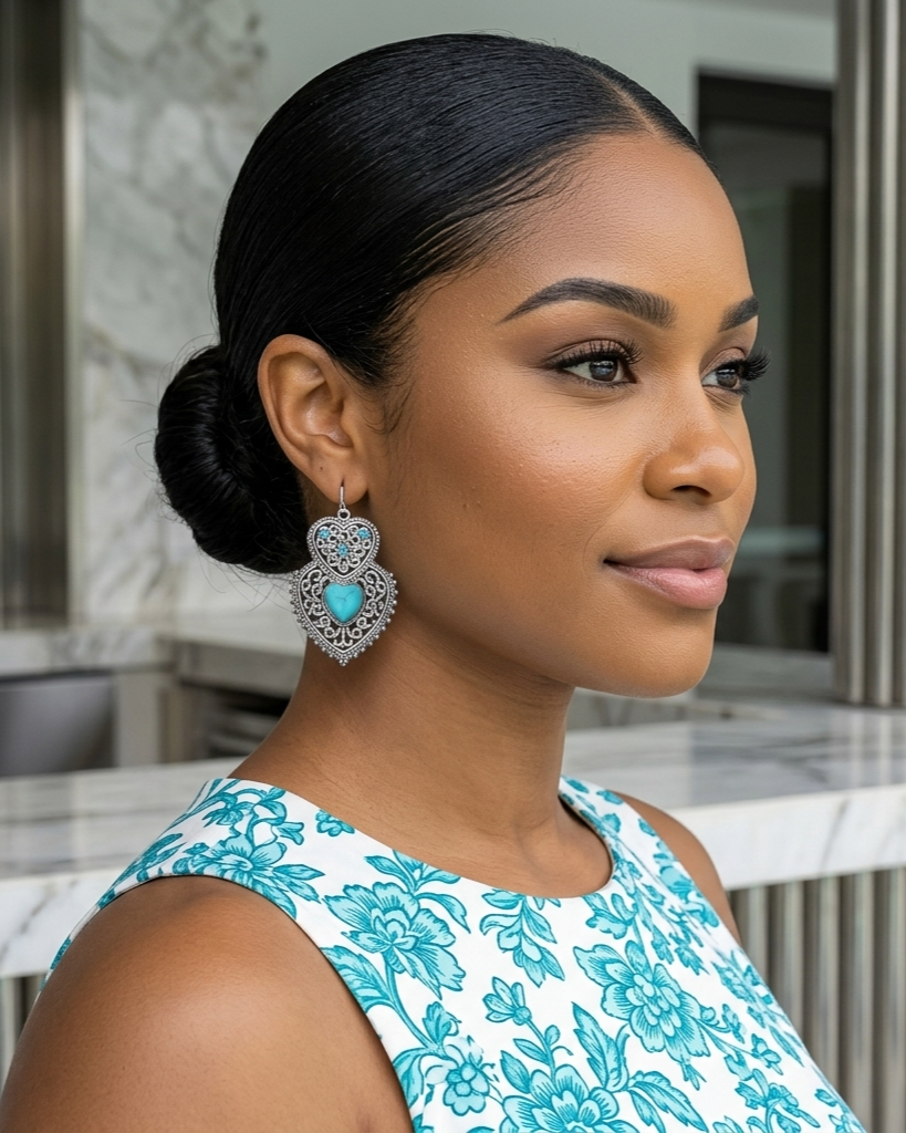Woman wearing a floral dress with turquoise accents and large earrings in an indoor setting.