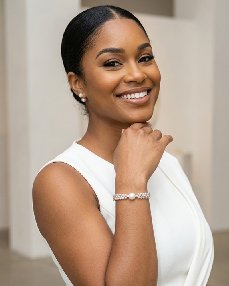 Woman wearing a white dress with pearl jewelry against a neutral background
