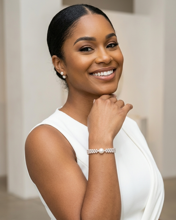 Woman wearing a white dress with pearl jewelry against a neutral background
