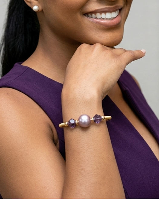 Pulsera Elástica de Perlas Barrocas Moradas y Cristales
