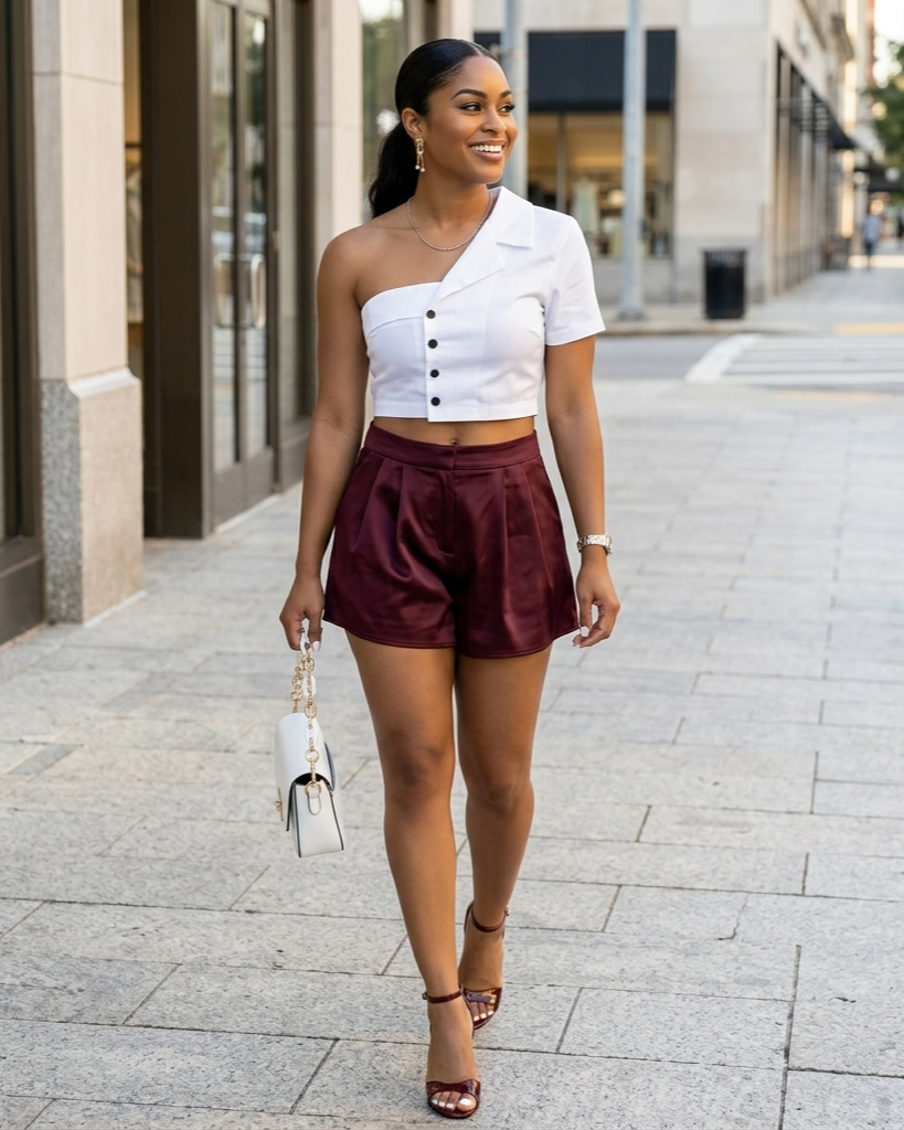 Woman in a white one-shoulder top and maroon shorts walking on a city street.