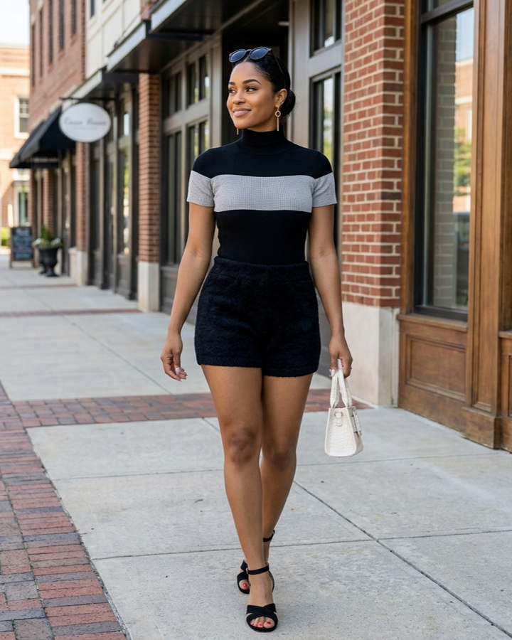 Woman walking on a sidewalk wearing a black and gray striped top and black shorts.
