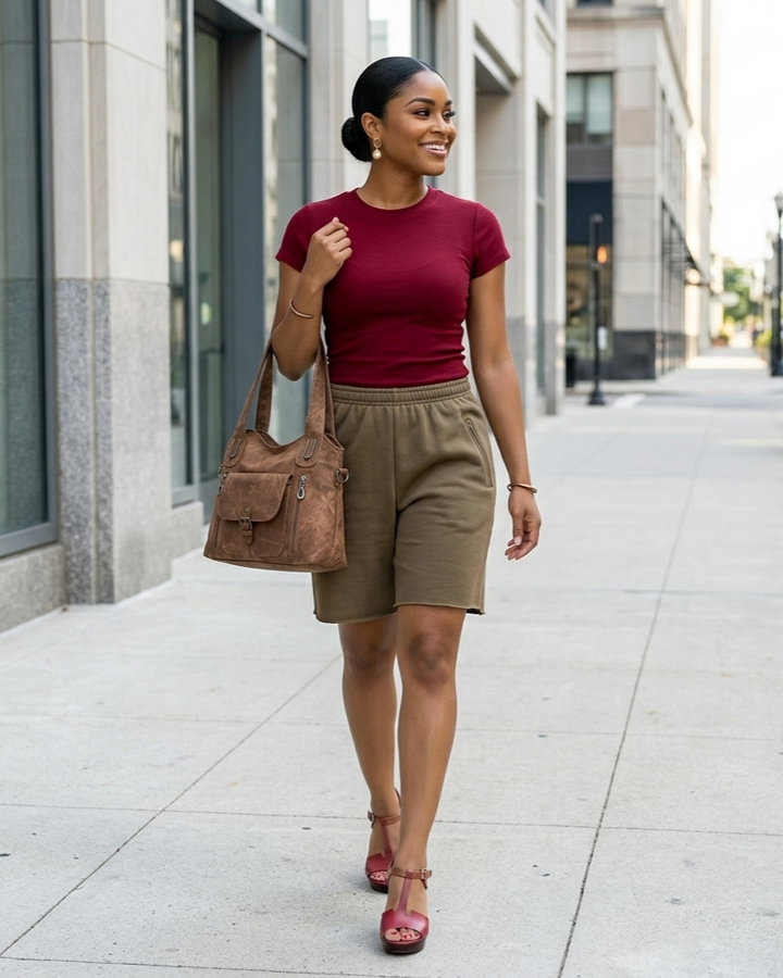 Woman walking on a city street wearing a red top and beige shorts.