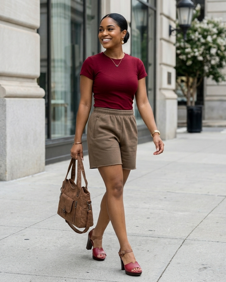 Woman walking on a sidewalk wearing a red top, beige shorts, and carrying a brown bag.