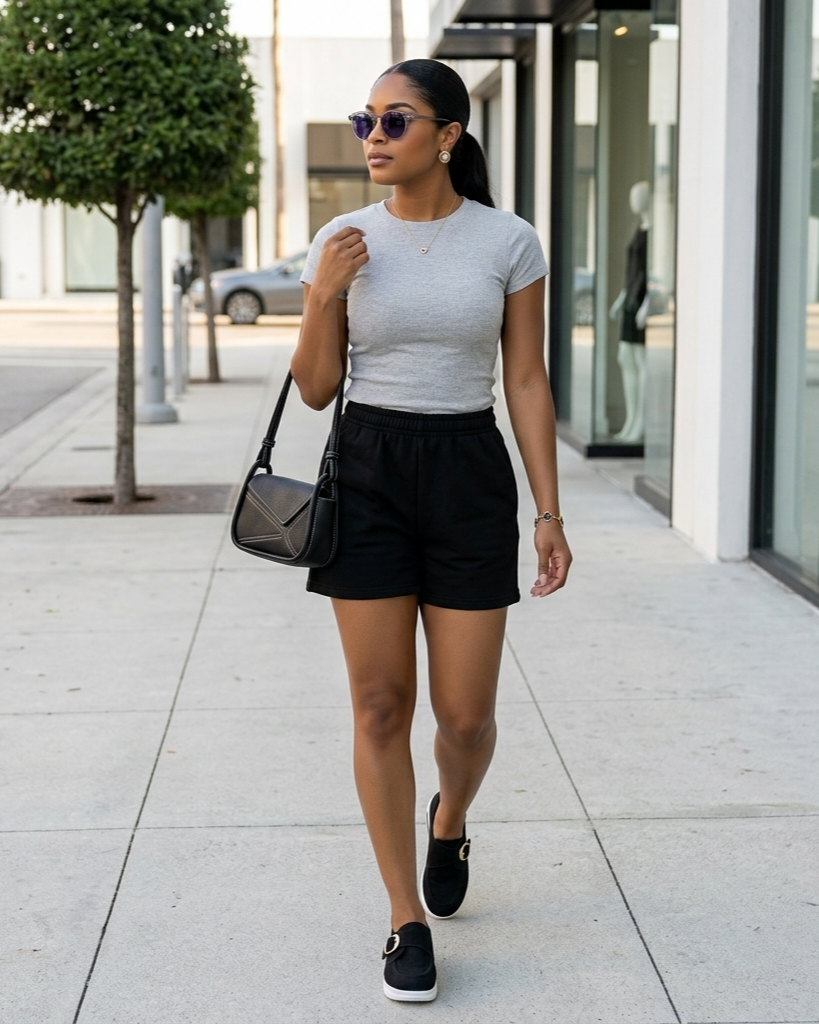Woman walking on a sidewalk wearing a gray t-shirt, black shorts, and black sneakers.