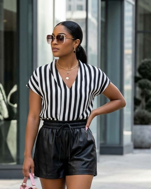 Woman in a black and white striped shirt and leather shorts holding a pink handbag on a city street.