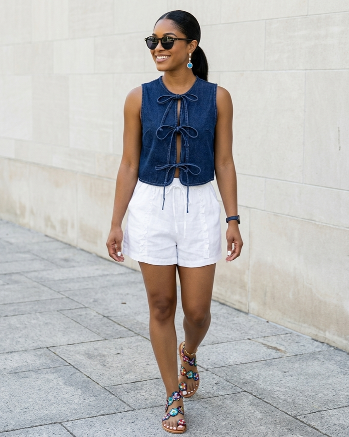 Woman wearing a blue sleeveless top with lace-up front and white shorts, walking on a sidewalk.