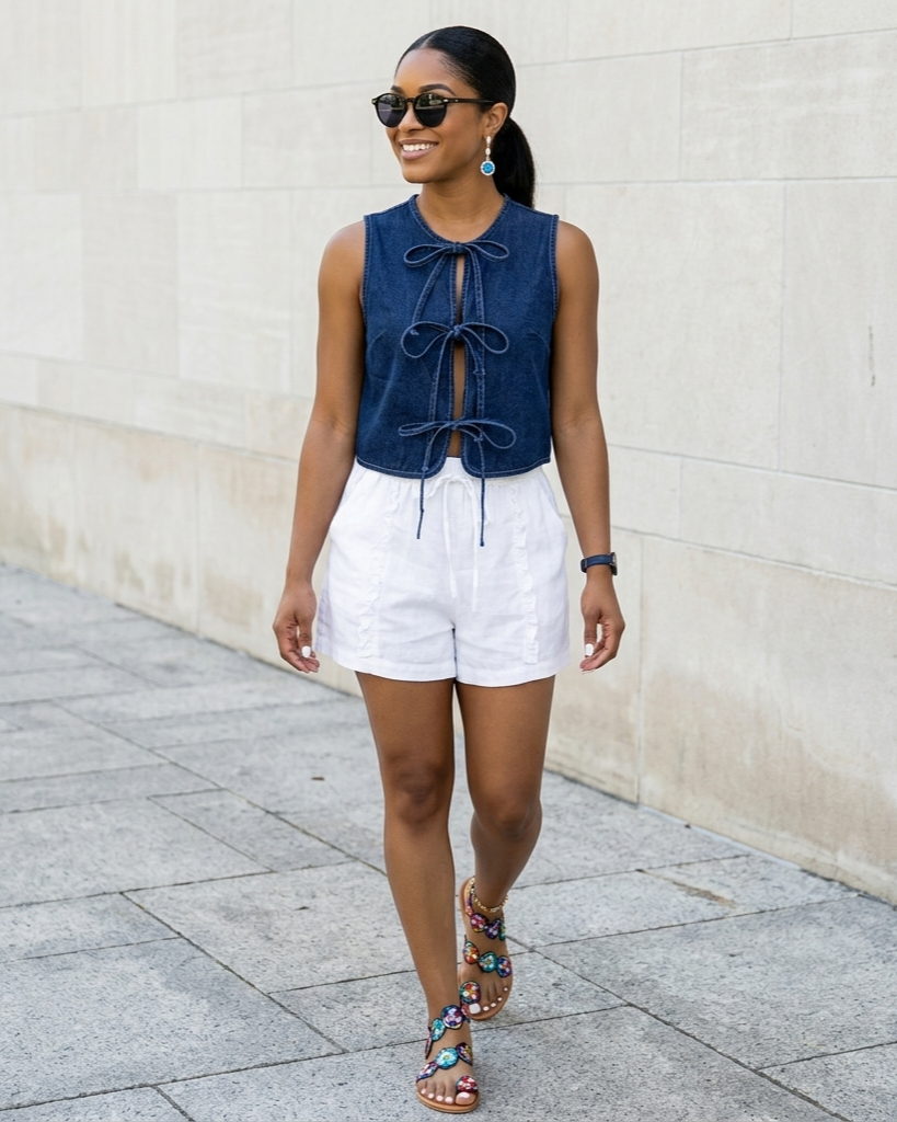 Woman wearing a blue sleeveless top with lace-up front and white shorts, walking on a sidewalk.