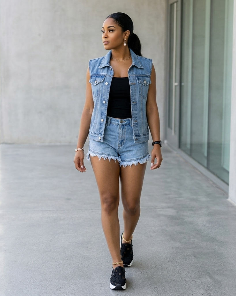 Woman wearing a denim vest and shorts walking on a concrete surface.