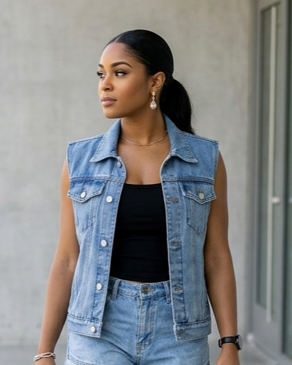 Woman wearing a denim vest and shorts walking on a concrete surface.