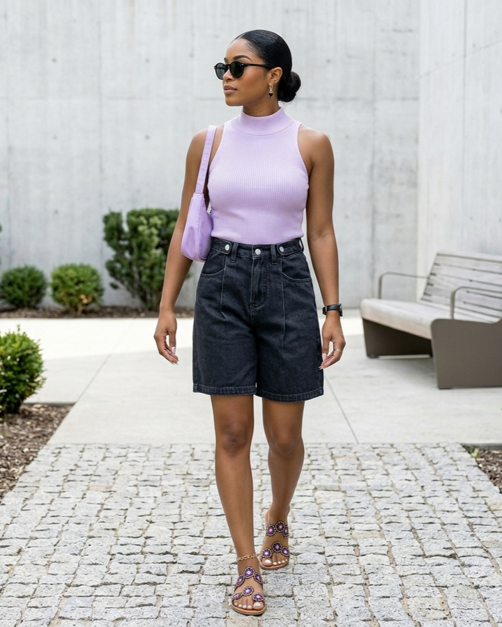 Woman wearing a light purple top and black shorts outdoors.