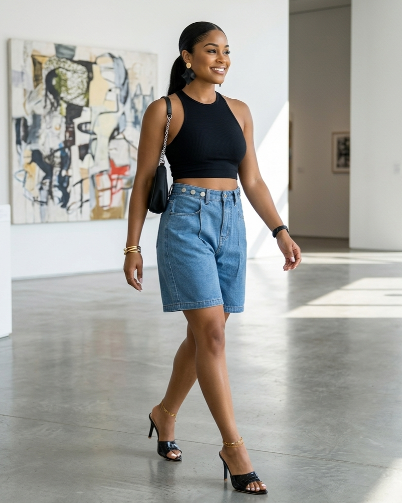 Woman in a black top and denim shorts walking in an art gallery.