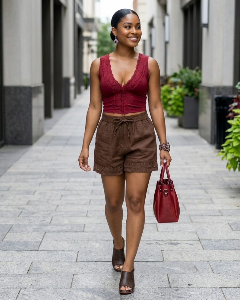 Woman walking down a street wearing a red top and brown shorts, holding a red handbag.