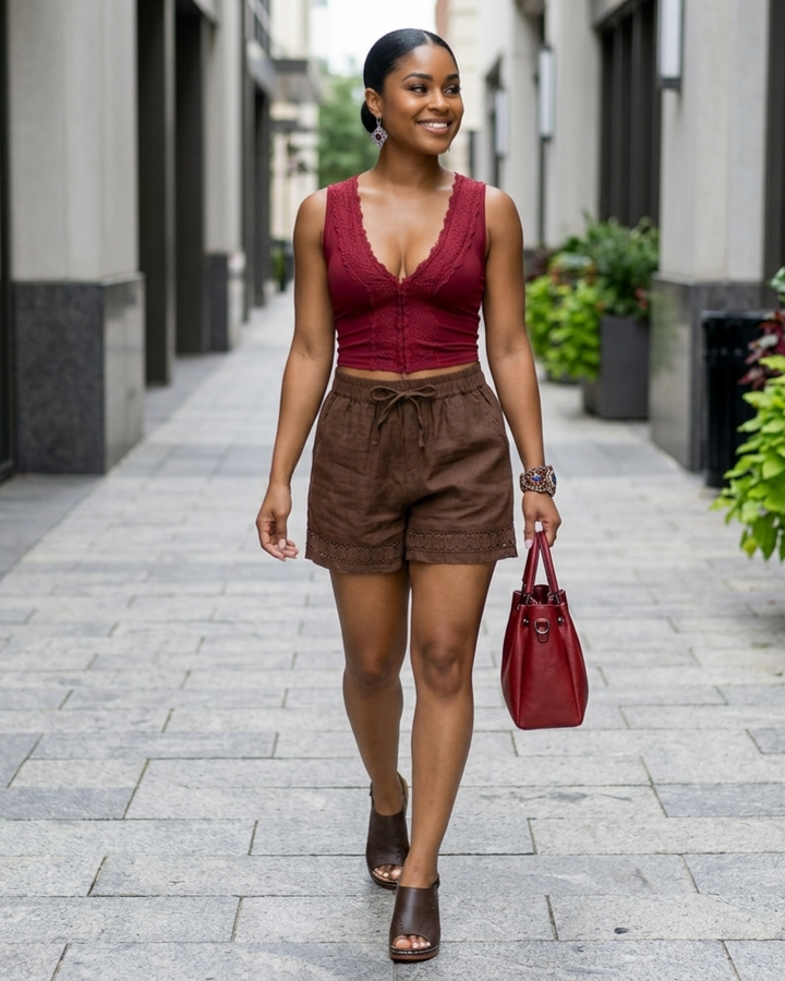 Woman walking down a street wearing a red top and brown shorts, holding a red handbag.