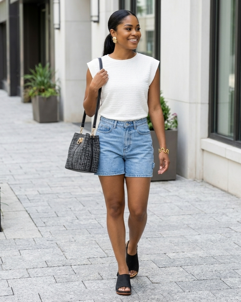 Woman walking outdoors wearing a white top and blue shorts, holding a black handbag.