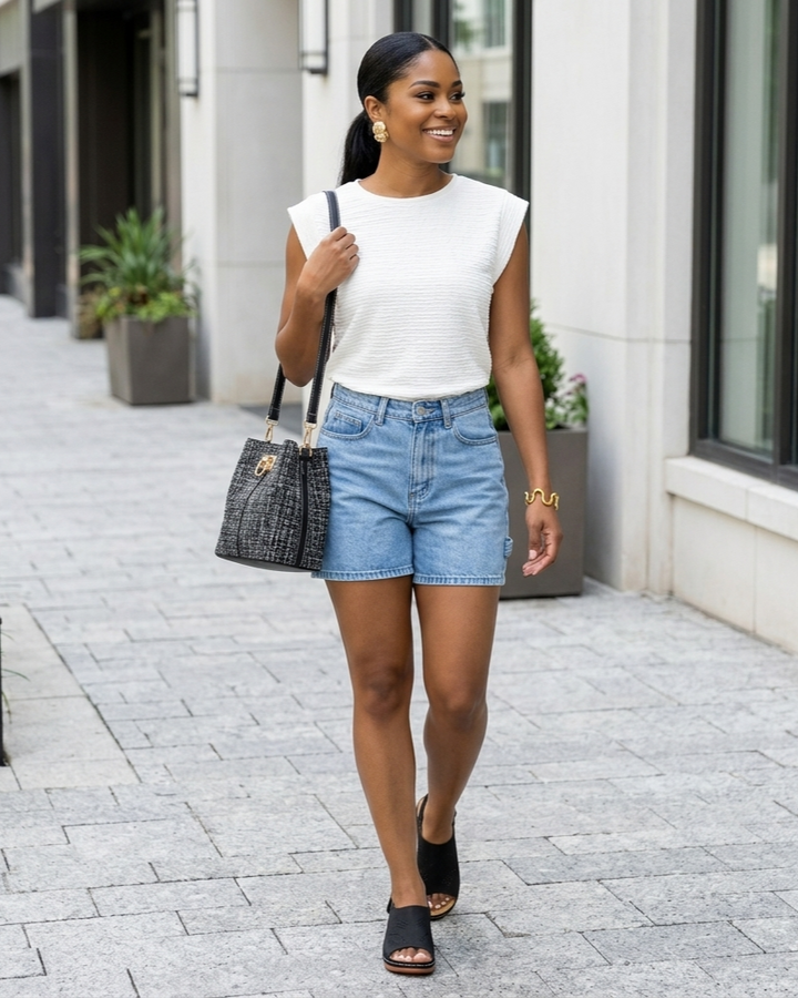 Woman walking outdoors wearing a white top and blue shorts, holding a black handbag.