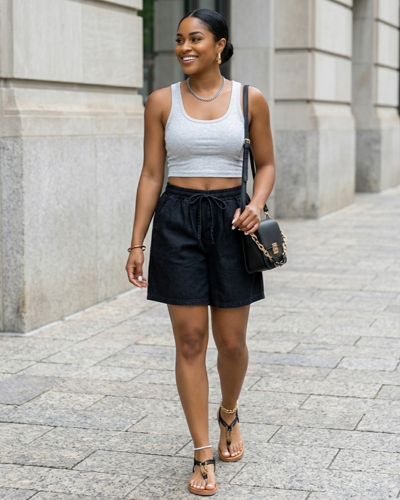 Woman wearing a white tank top and black shorts walking on a sidewalk.
