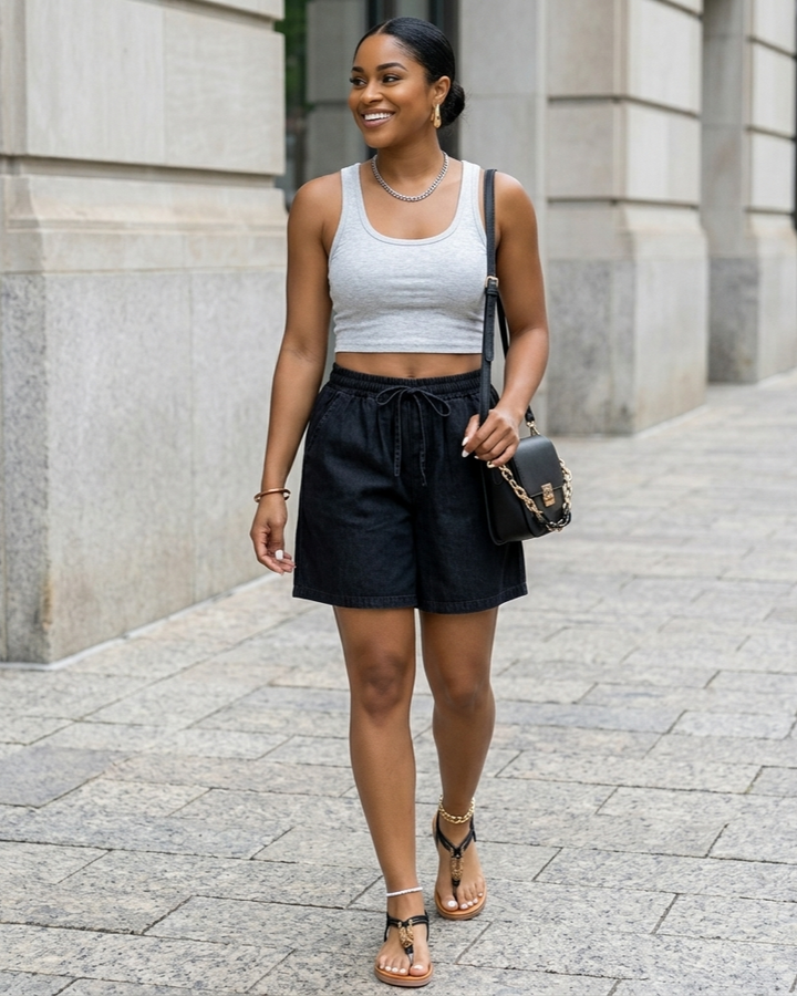 Woman wearing a white tank top and black shorts walking on a sidewalk.