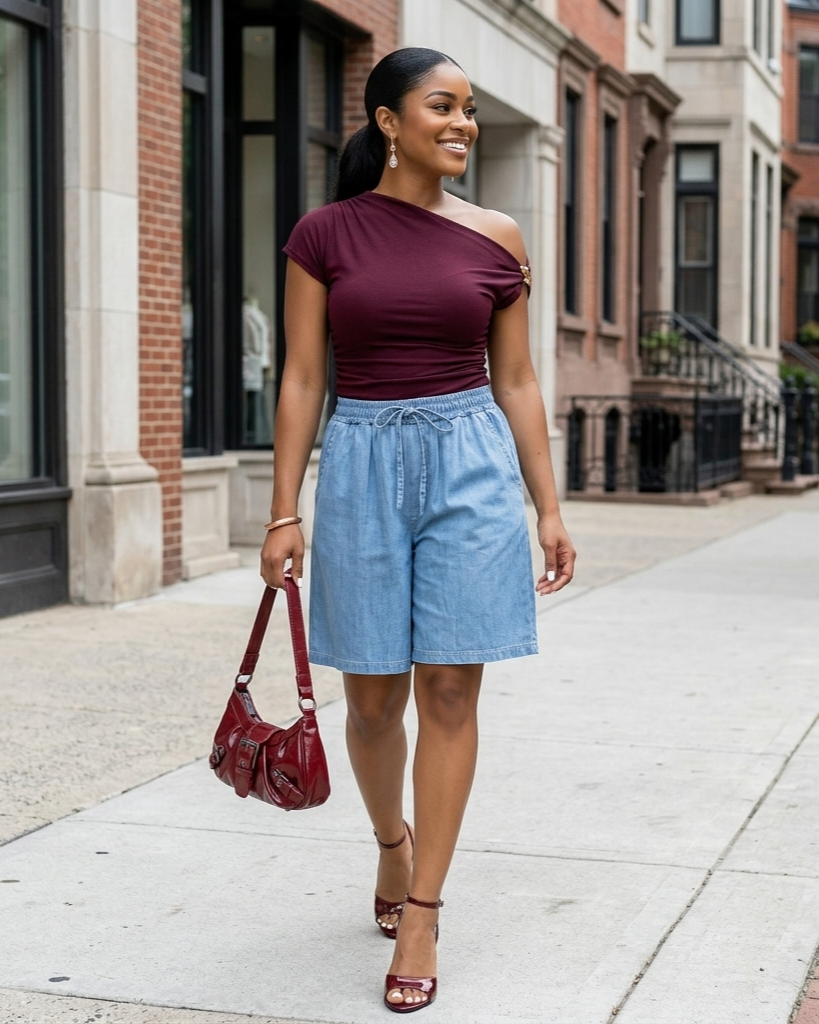 Woman wearing a burgundy top and blue shorts walking on a sidewalk.