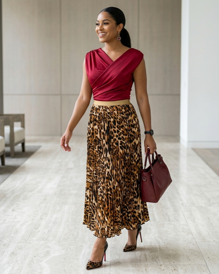 Leopard-print Pleated Midi Skirt