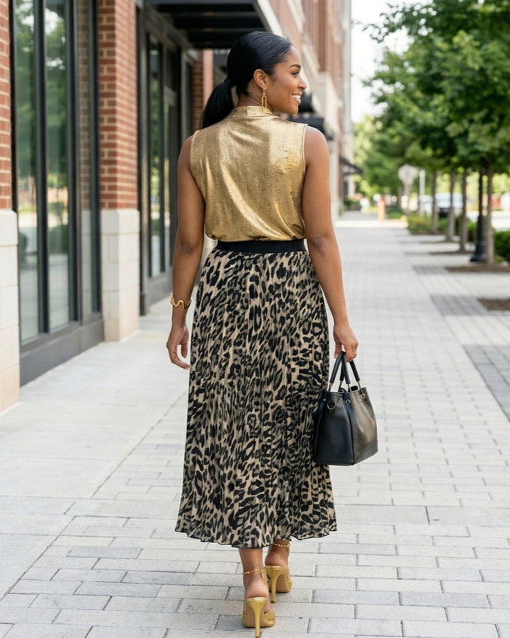 Leopard-print Pleated Midi Skirt