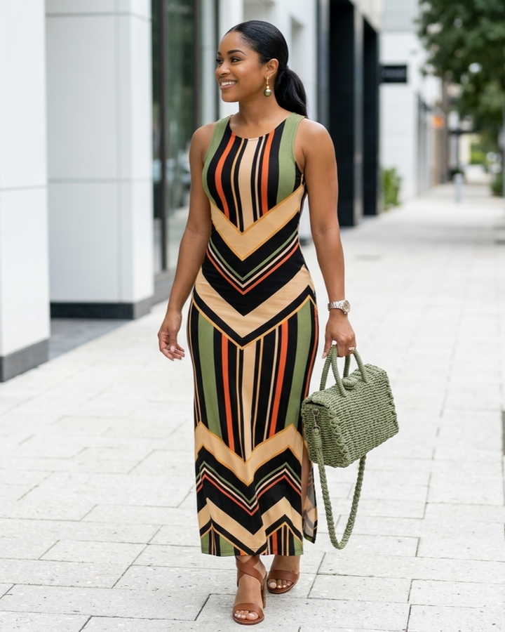 Colorful Striped Print Slit Pattern Maxi Dress