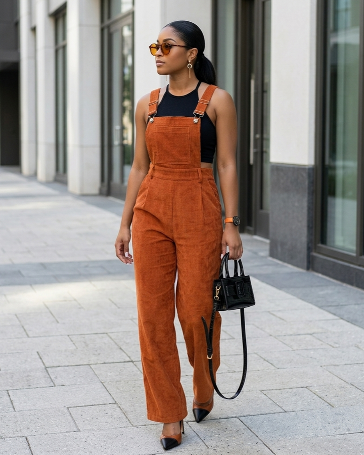 Corduroy Loose Straight Bib Pants Women
