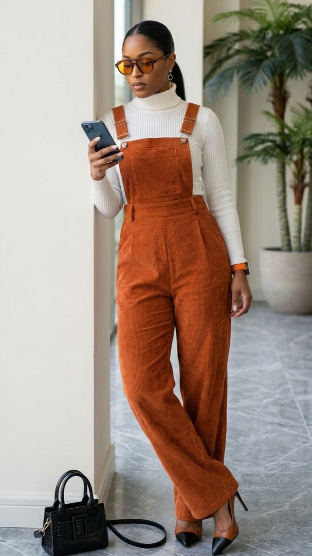 Corduroy Loose Straight Bib Pants Women