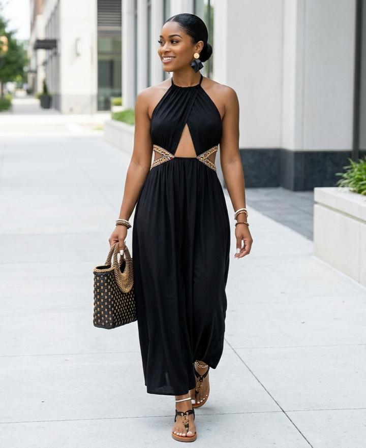 Vestido Largo de Mujer sin Mangas con Cuello Halter y Huecos Estilo Vacacional