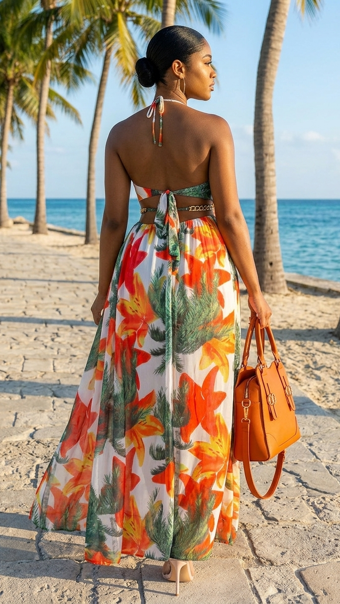 Vestido floral largo sin mangas con espalda al aire