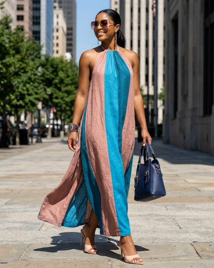 Neck-hanging Color-block Sleeveless Womens Long Dress