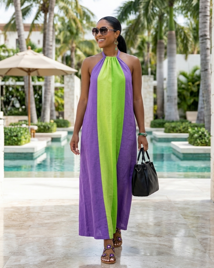 Neck-hanging Color-block Sleeveless Womens Long Dress