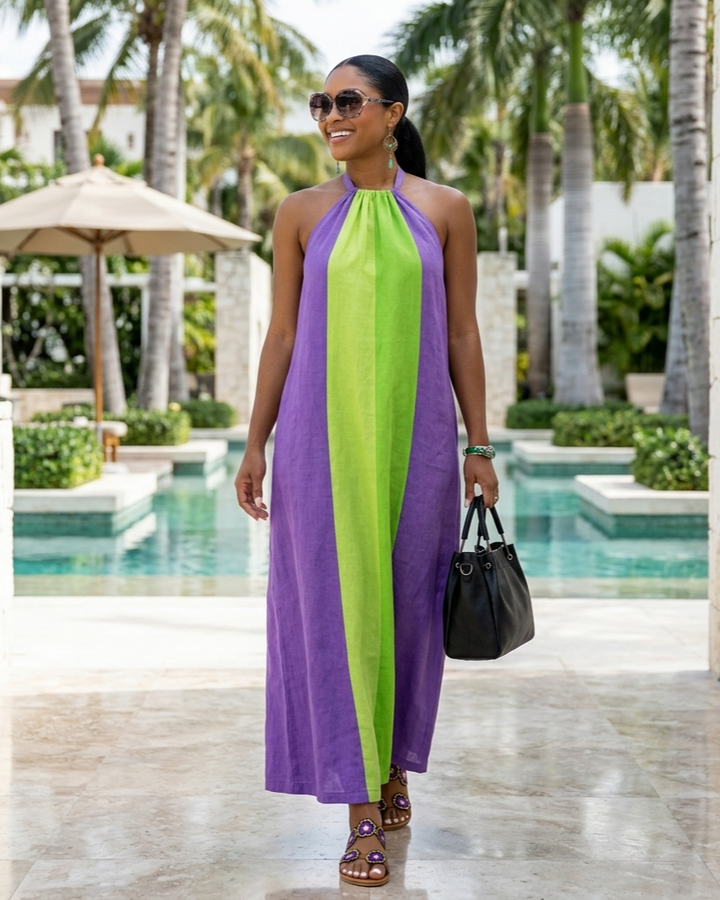 Neck-hanging Color-block Sleeveless Womens Long Dress