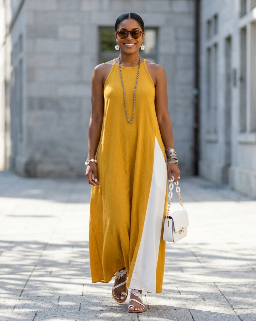 Womens Sleeveless Loose-Fit Color-Block Casual Off-Shoulder Dress With Pockets