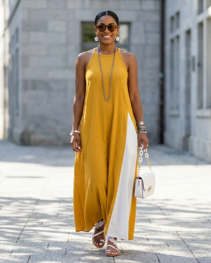 Womens Sleeveless Loose-Fit Color-Block Casual Off-Shoulder Dress With Pockets