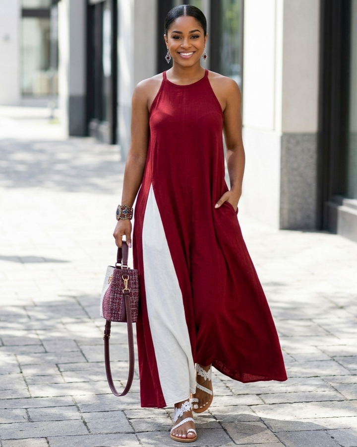 Womens Sleeveless Loose-Fit Color-Block Casual Off-Shoulder Dress With Pockets