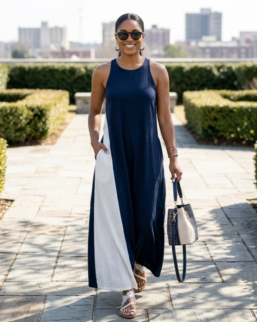 Womens Sleeveless Loose-Fit Color-Block Casual Off-Shoulder Dress With Pockets