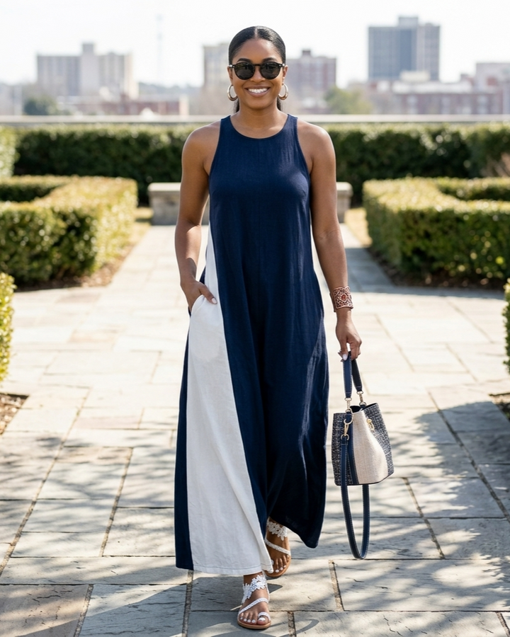 Womens Sleeveless Loose-Fit Color-Block Casual Off-Shoulder Dress With Pockets