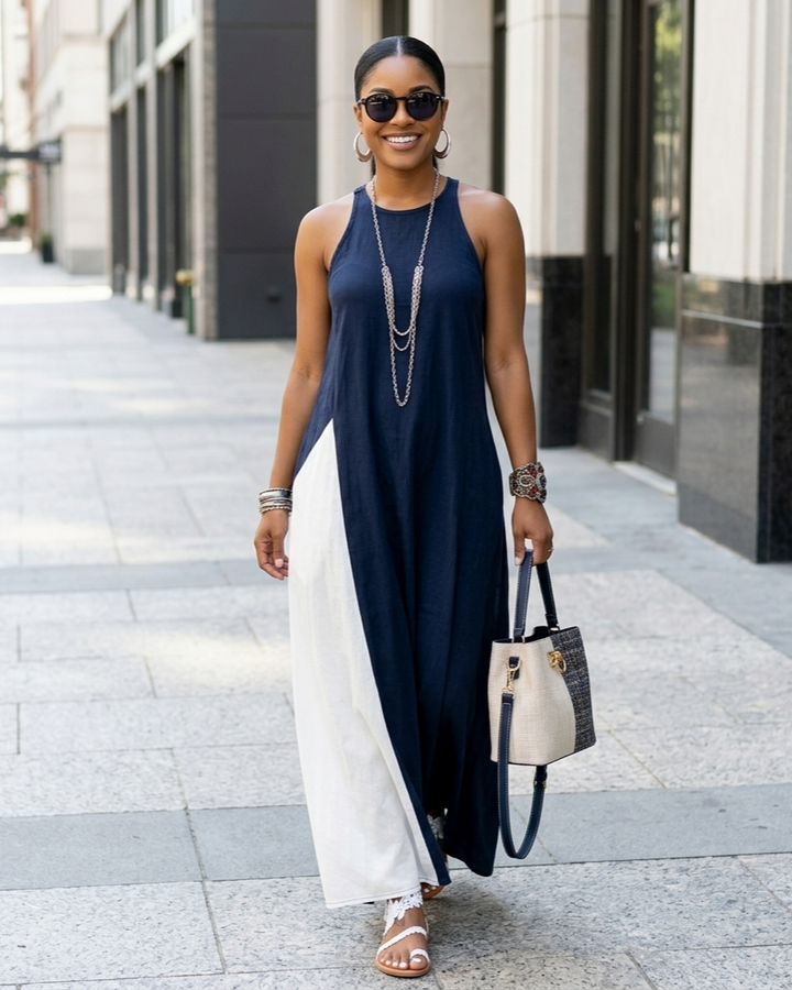 Womens Sleeveless Loose-Fit Color-Block Casual Off-Shoulder Dress With Pockets