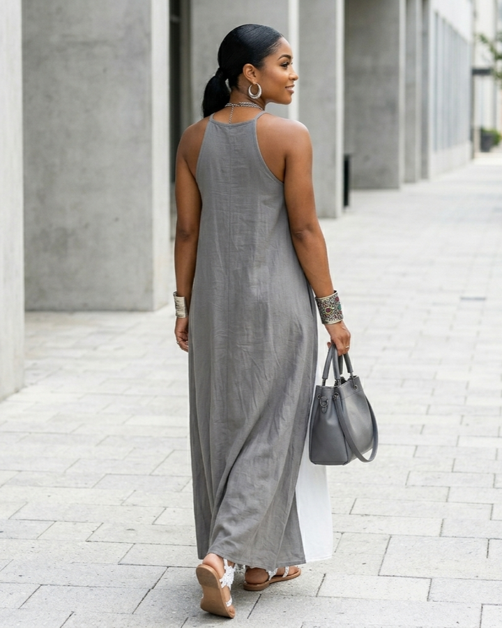 Womens Sleeveless Loose-Fit Color-Block Casual Off-Shoulder Dress With Pockets