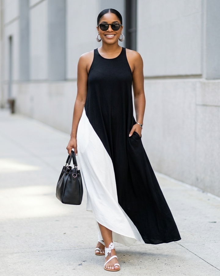 Womens Sleeveless Loose-Fit Color-Block Casual Off-Shoulder Dress With Pockets