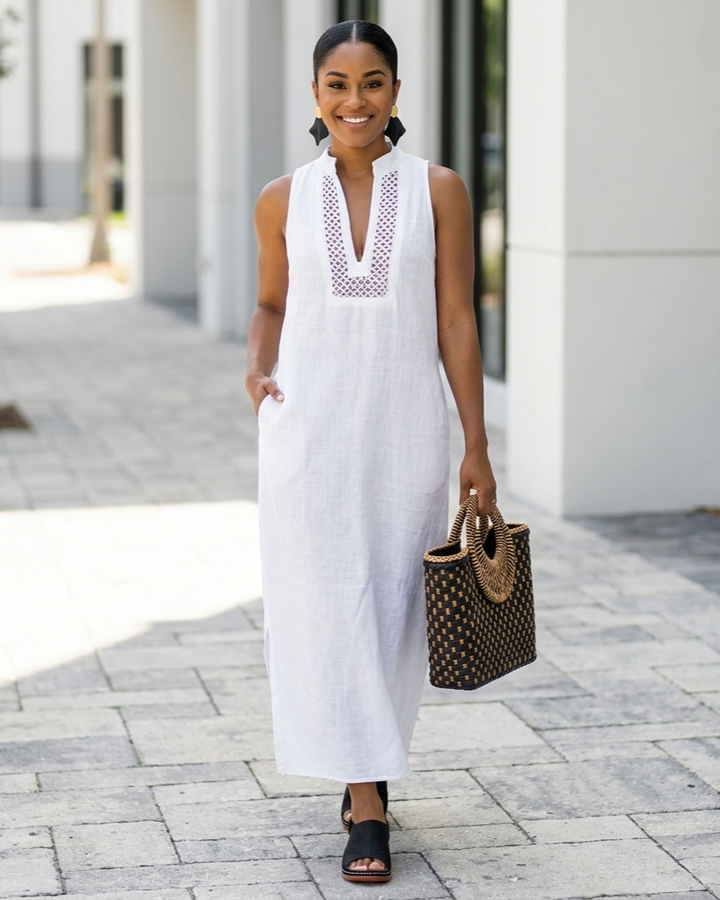 White Sleeveless Hollow-out V-Neck Long Loose Dress
