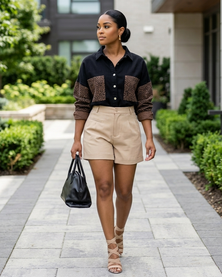 Long-Sleeved Pocket Leopard Print Lapel Cardigan Oversized Shirt Top