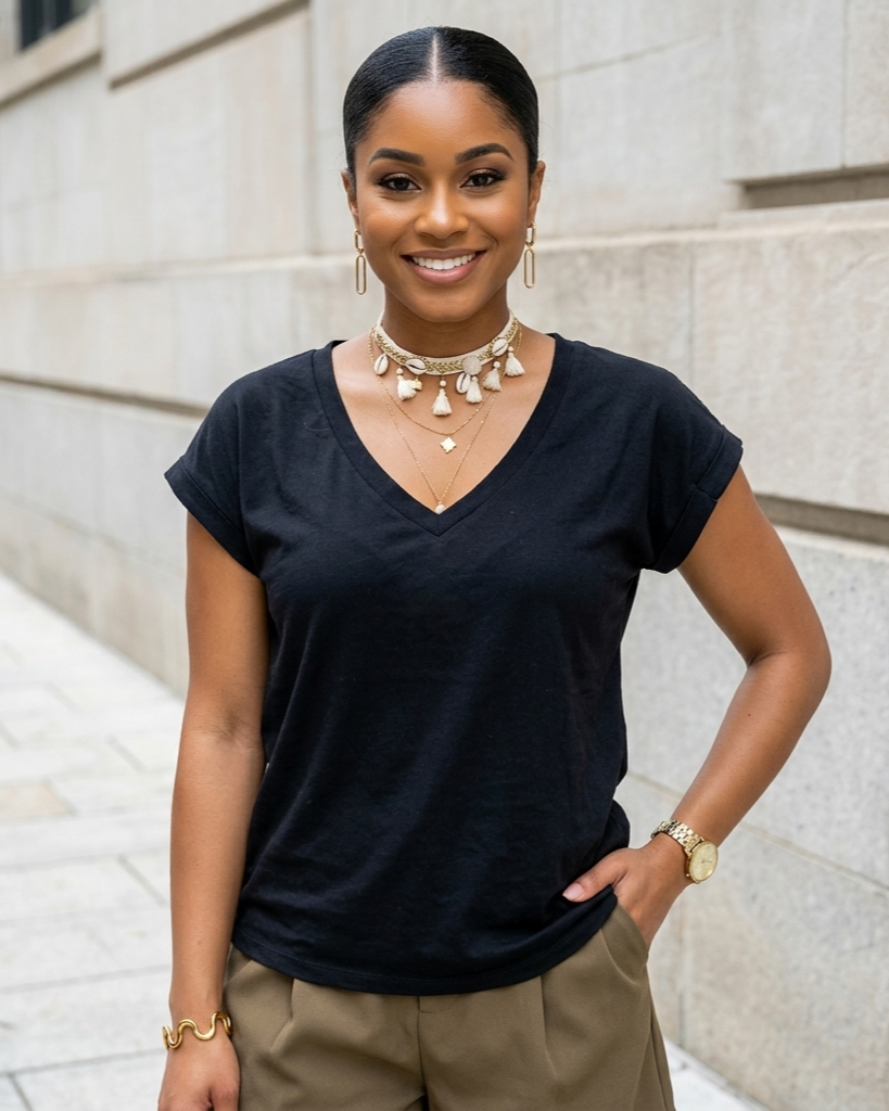Short-sleeved V-neck Simplicity Casual Top For Women