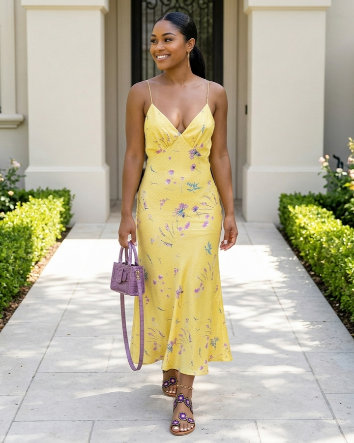 Yellow Sleeveless Cold-shoulder High Waist Deep V Print Dress
