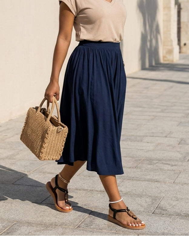 Woman in beige top and navy skirt holding a woven bag on a paved walkway with palm trees in the background.